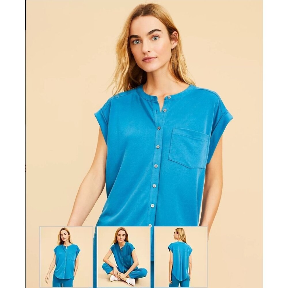 Lou & Grey Sandwashed Tie Front Pocket Shirt Tunic Top Large